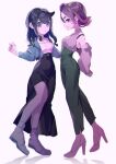  2girls black_hair black_skirt blue_eyes blue_hair closed_mouth dot_(pokemon) green_pants hair_over_eyes high_heels highres jacket liko_(pokemon) long_skirt long_sleeves multicolored_hair multiple_girls open_clothes open_jacket pants pink_hair pokemon pokemon_(anime) pokemon_horizons purple_eyes purple_hair shirt shoes skirt sleeveless white_shirt xh8sr 