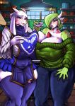  2girls absurdres animal_ears bluewolfartista blush bob_cut breasts clothed_pokemon colored_skin commission crossover deltarune fangs furry furry_female gardevoir goat goat_ears goat_girl goat_horns green_hair green_skin green_sweater hair_over_one_eye heart highres holding_hands horns huge_breasts large_breasts lipstick_mark looking_at_viewer multicolored_skin multiple_girls one_eye_covered open_mouth pokemon pokemon_(creature) red_eyes shirt short_hair skin_fangs smile sweater toriel two-tone_skin undertale white_fur white_skin 