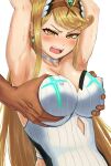  1boy 1girl armpits arms_up blonde_hair breasts circlet covered_nipples dark-skinned_male dark_skin earrings grabbing grabbing_another&#039;s_breast grabbing_from_behind hetero jewelry large_breasts long_hair mythra_(radiant_beach)_(xenoblade) mythra_(xenoblade) nebitora netorare one-piece_swimsuit open_mouth simple_background swimsuit teeth textless_version upper_body upper_teeth_only v-shaped_eyebrows very_long_hair white_background white_one-piece_swimsuit xenoblade_chronicles_(series) xenoblade_chronicles_2 yellow_eyes 