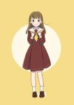  1girl blunt_bangs blush bright_pupils brown_footwear brown_hair circle clenched_hands closed_mouth commentary_request full_body hasu_no_sora_school_uniform highres kachimachi_kosuzu kneehighs link!_like!_love_live! loafers long_sleeves looking_at_viewer love_live! medium_hair neckerchief purple_eyes sailor_collar school_uniform shoes smile socks solo standing tottsan v-shaped_eyebrows virtual_youtuber white_pupils white_sailor_collar white_socks winter_uniform yellow_neckerchief 