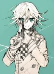  1boy arm_belt buttons checkered_clothes checkered_scarf closed_mouth cocking_gun commentary_request danganronpa_(series) danganronpa_v3:_killing_harmony double-breasted green_background green_eyes greyscale_with_colored_background gun hair_between_eyes handgun holding holding_gun holding_weapon jacket layered_sleeves long_sleeves looking_at_viewer male_focus nagichiro oma_kokichi scarf short_hair simple_background sketch smile solo spot_color straight-on upper_body weapon 