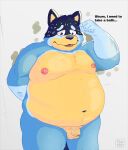 absurd_res bandit_heeler bath belly bluey_(series) embarrassed hi_res male musk musk_clouds musky_cock slightly_chubby slightly_chubby_male solo t_cayoti