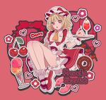  1girl :o absurdres adapted_costume ascot black_footwear blonde_hair bobby_socks bow cherry commentary_request daimaou_ruaeru dessert doughnut dress flandre_scarlet food fruit full_body hat hat_bow heart heart_in_eye highres holding holding_tray ice_cream knees_up looking_at_viewer mary_janes medium_hair mob_cap open_mouth petticoat puffy_short_sleeves puffy_sleeves red_bow red_eyes shoes short_sleeves socks solo symbol_in_eye touhou tray white_bow white_dress white_socks yellow_ascot 