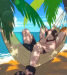  1boy abs arms_behind_head black_hair black_shorts boots closed_eyes commentary_request freckles hammock jewelry male_focus necklace nrrn03 ocean one_piece pearl_necklace portgas_d._ace shadow short_hair shorts single_shoulder_pad sky solo topless_male tree 