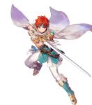  1boy alternate_costume belt blue_eyes boots cape feathers fingerless_gloves fire_emblem fire_emblem:_the_binding_blade fire_emblem_heroes full_body gloves headband highres official_art red_hair roy_(fire_emblem) solo sword transparent_background weapon 