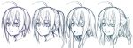  1boy :o ahoge asugano_subaru commentary_request grin hair_down long_hair looking_at_viewer medium_hair monochrome multiple_views open_mouth original ponytail reference_sheet simple_background sketch smile white_background yagi_(ningen) 