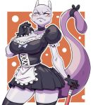  2020 anthro blush bodily_fluids breasts clothing felid feline female front_view gloves handwear hi_res legendary_pok&eacute;mon legwear maid_uniform mammal mcfli mewtwo nintendo pok&eacute;mon pok&eacute;mon_(species) simple_background solo stockings sweat thick_tail uniform video_games 