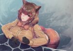  1girl alternate_breast_size animal_ears arm_rest bangs belt blackmoon bow bowtie breasts brown_eyes brown_hair capybara_(kemono_friends) capybara_ears closed_mouth dated extra_ears eyebrows_visible_through_hair gloves hair_between_eyes highres huge_breasts kemono_friends leaning_forward lips long_sleeves looking_at_viewer medium_hair onsen partially_submerged shiny shiny_hair shirt shorts sidelocks signature solo steam suspender_shorts suspenders water wet wet_clothes wet_face wet_hair 