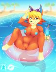  animal_crossing anthro areola audie_(animal_crossing) blue_areola blue_nipples breasts canid canine canis eyewear female genitals looking_at_viewer mammal nintendo nipples nude obakawaii open_mouth outside peach_pussy pussy skwidbone solo sunglasses video_games water wolf 