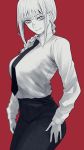  1girl braid braided_ponytail breasts business_suit chainsaw_man collared_shirt eyebrows_visible_through_hair eyeliner formal hand_on_own_thigh hoshi_san_3 large_breasts light_smile long_hair looking_at_viewer makeup makima_(chainsaw_man) monochrome necktie red_background ringed_eyes shirt shirt_tucked_in smile suit thick_thighs thighs 