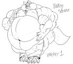  2017 4_toes 5_fingers anthro belly big_belly big_cheeks big_muscles bottomwear canid canine canis clothed clothing eyewear fangs fierglief fierglief_(character) fingers glasses hi_res hyper hyper_belly linart looking_at_viewer male mammal monochrome musclegut muscular navel overweight pants solo text toes topless towel wolf 