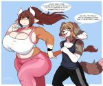  anthro bodily_fluids bovid bovine breasts canid canine canis cattle cleavage clothed clothing dialogue domestic_dog duo exercise exercise_clothing female hi_res jogging jwinkz male male/female mammal sweat 