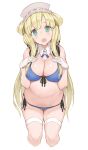  1girl absurdres bikini blonde_hair blue_bikini blush breasts character_request copyright_request front-tie_top gloves goekawa green_eyes hands_on_own_chest highres looking_at_viewer navel open_mouth solo swimsuit thighhighs thighs white_background white_gloves 