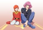  2girls boots cape closed_mouth full_body green_eyes gundam haman_karn looking_at_viewer mineva_lao_zabi multiple_girls pantyhose pink_hair simple_background smile teikoku_jokyoku zeon 