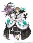  1girl aqua_eyes bare_shoulders birdcage black_dress brown_hair cage chain detached_collar dress earrings eyebrows_visible_through_hair flat_chest flower frills full_body fur_trim gretel_(sinoalice) hansel_(sinoalice) high_heels highres holding holding_staff jewelry ji_no looking_at_viewer nail_polish nightmare_(sinoalice) official_art sinoalice solo square_enix staff tiara white_background wide_sleeves 