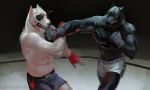  2019 anthro black_body blood bodily_fluids bottomwear canid canine canis clothed clothing digital_media_(artwork) domestic_dog duo fight hi_res male mammal muscular muscular_male pit_bull punching sixfoot sport standing topless white_body 