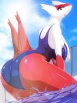  3:4 amber_eyes anthro big_breasts big_butt breasts butt camel_toe clothed clothing detailed_background dragon female hi_res latias legendary_pok&eacute;mon looking_at_viewer looking_back multicolored_body nintendo open_mouth partially_clothed pok&eacute;mon pok&eacute;mon_(species) q_wed red_body solo swimwear teeth tongue towel towel_around_neck two_tone_body video_games water white_body wings yellow_eyes 