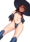  1girl absurdres asymmetrical_bangs bangs bikini black_bikini black_gloves blush brown_eyes brown_hair cameltoe collarbone elbow_gloves gloves hat highres kagari_atsuko little_witch_academia long_hair looking_at_viewer navel open_mouth simple_background solo swimsuit vycma white_background witch_hat 