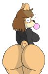  anthro big_breasts big_butt blue_eyes bottomless breasts brown_hair bubble_gum butt canid canine canis clothed clothing crackalacking curled_tail curvy_figure domestic_dog female hair hi_res hoodie huge_butt june_(jinu) looking_at_viewer mammal mature_female mother parent shiba_inu solo spitz thick_thighs topwear voluptuous wide_hips 