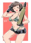  1girl absurdres akiyama_yukari bangs bikini black_gloves border breasts brown_eyes brown_hair camouflage camouflage_bikini cleavage cowboy_shot dated girls_und_panzer gloves highres holding_shell large_breasts messy_hair navel pink_background salute shinkuukan_(tetsuo3) short_hair short_shorts shorts signature solo swimsuit tank_shell white_border 