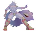  abs anthro armor bathym boots canid canine canis clothing demon footwear fur hi_res horn leather male mammal manzaringopai muscular muscular_male pecs purple_body purple_fur solo straps tokyo_afterschool_summoners unconvincing_armor video_games wolf 