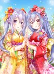  2girls aoba_chise aoba_project aoba_rena back_bow bangs blue_sky blurry blurry_background blush bow commentary_request depth_of_field eyebrows_visible_through_hair floral_print flower from_side hair_between_eyes hair_bow hair_flower hair_ornament holding_hands interlocked_fingers japanese_clothes kanzashi kimono long_hair looking_at_viewer looking_to_the_side multiple_girls nail_polish obi open_mouth orange_bow outdoors pink_bow pink_nails print_kimono purple_eyes red_bow red_eyes red_flower sakura_moyon sash sidelocks silver_hair sky smile twintails wide_sleeves 