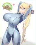  1girl alternate_breast_size arms_behind_head arms_up artist_name blonde_hair blue_bodysuit blue_eyes bodysuit breasts commentary_request covered_navel gun handgun heart highres huge_breasts long_hair magister_(medical_whiskey) metroid metroid_(creature) mole mole_under_mouth original ponytail samus_aran signature simple_background solo spoken_heart thighs very_long_hair weapon white_background zero_suit 