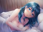  1girl ayame_(norie11) bangs bed_sheet blanket blue_eyes blue_hair blush breasts byleth_(fire_emblem) byleth_(fire_emblem)_(female) cleavage dutch_angle fire_emblem fire_emblem:_three_houses long_hair looking_at_viewer lying naked_sheet nude on_bed on_side parted_lips pillow solo under_covers upper_body wooden_wall 