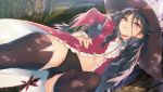  1girl black_hair black_panties brooch dungeon_travelers_2 eyebrows_visible_through_hair gina_(dungeon_travelers) hat highres jewelry kawata_hisashi long_hair long_sleeves navel no_pants official_art panties pink_eyes solo thighhighs underwear witch_hat 