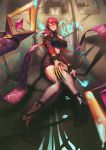  1girl breasts claws detached_sleeves evelynn full_body fur_trim glasses ground_vehicle high_heels highres idol jin_rou k/da_(league_of_legends) k/da_evelynn league_of_legends lipstick looking_at_viewer makeup medium_breasts midriff motor_vehicle pince-nez purple_hair sitting skirt sleeveless smile solo sunglasses van yellow_eyes 