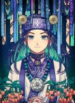  1girl ainu ainu_clothes aqua_eyes araiguma_(gomipanda123) asirpa bandana black_hair blue_bandana blue_eyes closed_mouth commentary_request ear_piercing earrings facing_viewer golden_kamuy hands_together highres hoop_earrings jewelry long_hair looking_at_viewer necklace piercing sidelocks simple_background smile upper_body 