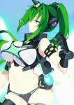  1girl absurdres arm_strap bare_shoulders black_gloves blancpig_yryr blue_eyes breasts crop_top from_side gloves green_hair green_heart headgear highres horn large_breasts long_hair navel neptune_(series) next_green ponytail power_symbol solo symbol-shaped_pupils thighhighs 