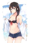  1girl alternate_costume blue_eyes braid cloud hair_flaps hair_ornament hair_over_shoulder kantai_collection remodel_(kantai_collection) sailor_bikini sailor_collar satsumi shigure_(kantai_collection) shirt_removed short_shorts shorts single_braid sky undressing 