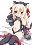  1girl animal_ears bangs bell black_gloves black_legwear black_leotard blonde_hair breasts cat_ears cat_tail center_opening commentary_request elbow_gloves eyebrows_visible_through_hair fate/kaleid_liner_prisma_illya fate_(series) gloves highleg highleg_leotard illyasviel_von_einzbern jingle_bell leotard long_hair looking_at_viewer navel paw_gloves paws red_eyes red_ribbon ribbon simple_background sitting small_breasts smile tail thighhighs thighs toshishikisai white_background 