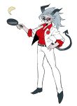  belt black_horn bottomwear breasts clothing cooking crossgender demon eyebrows eyewear female flower food grey_eyebrows grey_hair hair hand_on_hip helltaker horn humanoid looking_at_viewer not_furry pan pancake pants plant protagonist_(helltaker) r_adical shirt short_hair simple_background smile spade_tail standing suit sunglasses topwear white_background 