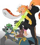  alexios_(adastra) angry anthro boots clothing domestic_cat duo felid feline felis female flower footwear grape hi_res inkling_girl lightning male mammal melee_weapon nervous plant slippdipp sword weapon 