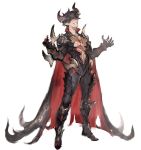  1boy armor black_hair cape fingernails gloves glowing glowing_eyes greaves grin horns male_focus nbo original pauldrons red_cape red_eyes red_nails shoulder_armor simple_background sketch smile solo spikes standing teeth torn_cape torn_clothes vambraces white_background 