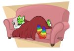  anthro black_nose brown_background butt_in_air canid canine claws clothing eyes_closed fidget_(character) fox fur furniture green_body green_fur hi_res legwear lgbt_pride male mammal multicolored_clothing multicolored_legwear multicolored_socks pawpads pillow pillow_grab pillow_hug pink_couch pride_colors rainbow_clothing rainbow_legwear rainbow_socks red_blankets signature simple_background sleeping socks sofa solo strawbear tired white_background white_body white_fur 