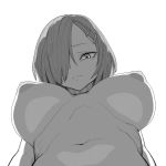  1girl absurdres areolae breasts eyebrows_behind_hair from_below frown greyscale hair_ornament hair_over_one_eye hairclip hamakaze_(kantai_collection) highres kantai_collection large_breasts looking_down monochrome navel nipples short_hair solo tocky topless 