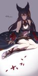  1girl absurdres aiu_eo animal_ears ascot bangs bare_shoulders black_hair breasts cleavage ear_piercing earrings erune granblue_fantasy hair_between_eyes highres jewelry long_hair looking_at_viewer nier_(granblue_fantasy) piercing red_eyes sitting sitting_on_ground skirt solo 