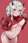  1girl black_panties breasts cleavage clothes_lift cowboy_shot demon_girl demon_horns demon_tail heart heart-shaped_pupils helltaker highres horns kongthegrain large_breasts leaning_forward long_sleeves looking_at_viewer modeus_(helltaker) navel no_bra panties red_background red_eyes red_sweater ribbed_sweater short_hair side-tie_panties silver_hair simple_background skindentation solo stomach string_panties sweat sweater sweater_lift symbol-shaped_pupils tail thighs turtleneck turtleneck_sweater underwear 