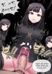  3girls android black_hair breasts brown_eyes censored cum cum_in_pussy eyebrows_visible_through_hair femdom girls_frontline grin hetero highres large_penis maggea22 medium_breasts multiple_girls nyto_obelisk_(girls_frontline) paradeus penis pussy sex smile translation_request 