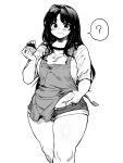  1girl ? apron bangs bare_shoulders belly_grab blush breasts cleavage collarbone commentary_request cowboy_shot cupcake eating eyebrows_visible_through_hair food food_on_face fukumaaya greyscale hair_over_breasts highres holding holding_food long_hair looking_at_viewer monochrome parted_bangs parted_hair plump short_shorts shorts smile solo speech_bubble standing tareme thick_thighs thighs very_long_hair weight_conscious white_background 