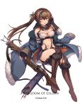  1girl arrow_(projectile) boots breasts brown_eyes brown_hair copyright_name eruthika fingerless_gloves gloves highres kingdom_of_legion long_hair looking_at_viewer medium_breasts midriff navel side_ponytail simple_background smile solo very_long_hair white_background 