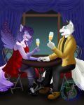  &lt;3 absurd_res alcohol anthro beverage blue_eyes bottomwear breasts canid canine canis chair champagne clothed clothing courtain cup darkdukewolf dinner domestic_dog dress duo eye_contact female footwear fox fur furniture grey_body grey_fur grey_hair hair hi_res husky looking_at_another male male/female mammal multi_tail necktie nordic_sled_dog pants purple_body purple_eyes purple_fur purple_hair red_clothing red_dress romantic_ambiance romantic_couple shoes spitz table tigh_highs window wings wolf 