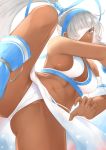  1girl bandage_over_one_eye blue_eyes breasts dark_skin foreshortening hairband kitagawa_onitarou long_hair looking_at_viewer majikina_mina medium_breasts panties pantyshot ponytail revealing_clothes samurai_spirits sarong side-tie_skirt silver_hair snk solo spread_legs underwear very_long_hair white_panties white_sarong 