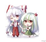  2girls arm_belt artist_name blush bow brown_footwear collared_shirt dango dress ex-keine eyebrows_visible_through_hair food fujiwara_no_mokou green_dress green_hair grey_hair hair_between_eyes hair_bow highres horn_bow horns kamishirasawa_keine long_hair long_sleeves looking_at_viewer multiple_girls ofuda_on_clothes one_eye_closed pants pudding_(skymint_028) red_bow red_neckwear red_pants shirt short_sleeves signature silver_hair simple_background suspenders touhou very_long_hair wagashi white_background white_shirt white_sleeves 