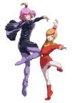  2girls blue_eyes boots cape dancing full_body green_eyes gundam haman_karn highres looking_at_viewer military military_uniform mineva_lao_zabi multiple_girls open_mouth orange_hair pantyhose pink_hair short_hair simple_background smile teikoku_jokyoku uniform white_background zeta_gundam 