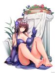  1girl absurdres bangs bare_shoulders barefoot blush breasts cherry choker cleavage closed_mouth collarbone dress elbow_gloves fate/grand_order fate_(series) feet flower food fruit gloves hair_flower hair_ornament heroic_spirit_formal_dress highres knees_up large_breasts legs long_hair looking_at_viewer ninainaidesss panties pot purple_dress purple_gloves purple_hair purple_panties red_eyes scathach_(fate)_(all) scathach_(fate/grand_order) simple_background sitting soles tiara toes underwear white_background 