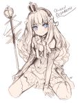  1girl azur_lane bangs blue_eyes blush bow character_name closed_mouth crown dress eyebrows_visible_through_hair full_body gloves hair_bow highres kippu long_hair mini_crown queen_elizabeth_(azur_lane) scepter signature simple_background sitting sketch smile solo thighhighs wariza white_background 